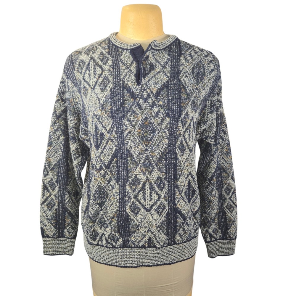 Brandini Le Collezioni‎ Mens XL Vintage Wool Blend Henley Sweater Blue Geometric